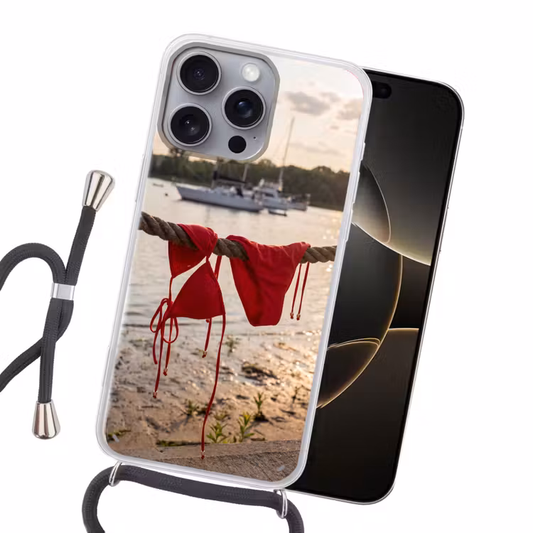Badkleding - Rood - Zomer - Water - Zonsondergang Hoesje iPhone 16 Pro Max met koord klein -sfeer1