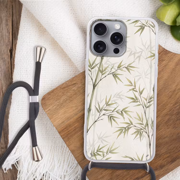 Bamboe - Bladeren - Natuur - Aquarel - Groen Hoesje iPhone 16 Pro Max met koord klein -sfeer4