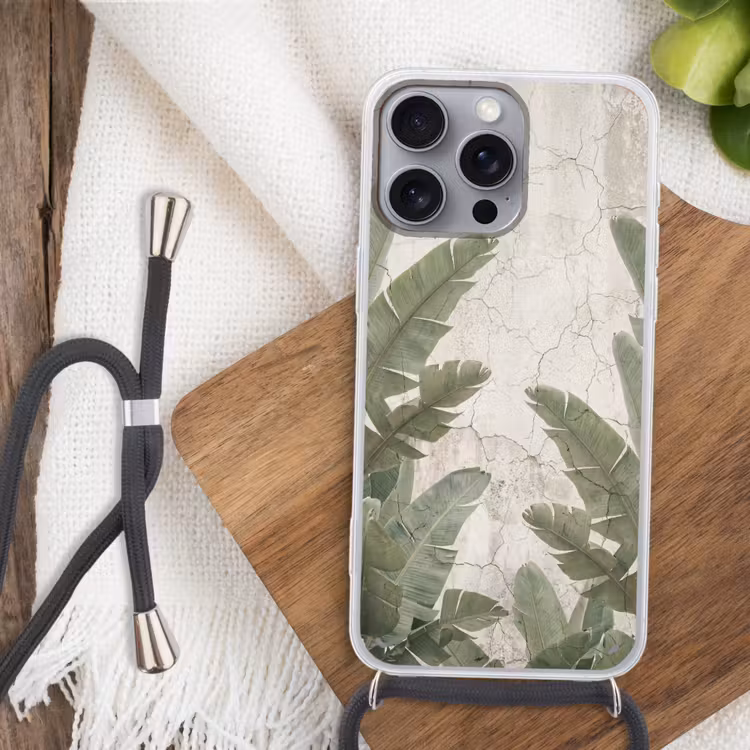 Bananenbladeren - Beton - Groen Hoesje iPhone 16 Pro Max met koord klein -sfeer4