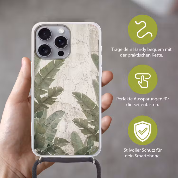 Bananenbladeren - Beton - Groen Hoesje iPhone 16 Pro Max met koord klein -sfeer2_DE