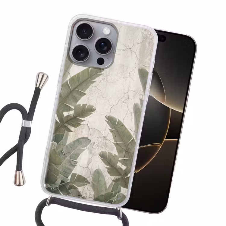 Bananenbladeren - Beton - Groen Hoesje iPhone 16 Pro Max met koord klein -sfeer1