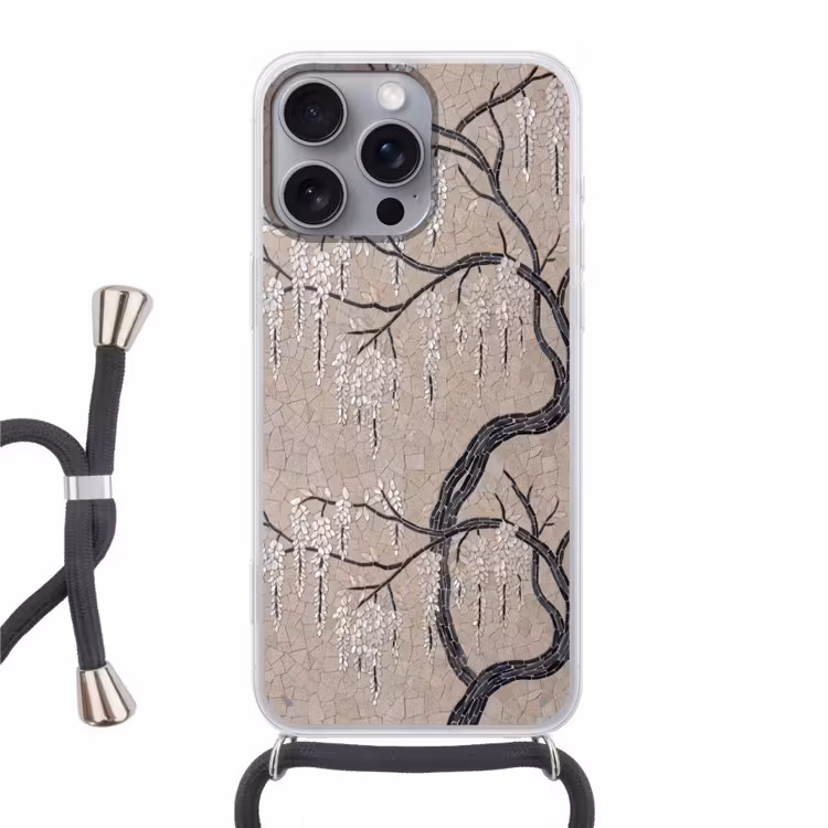 Boom - Bloemen - Mozaïek - Kunst - Wit Hoesje iPhone 16 Pro Max met koord klein -3d