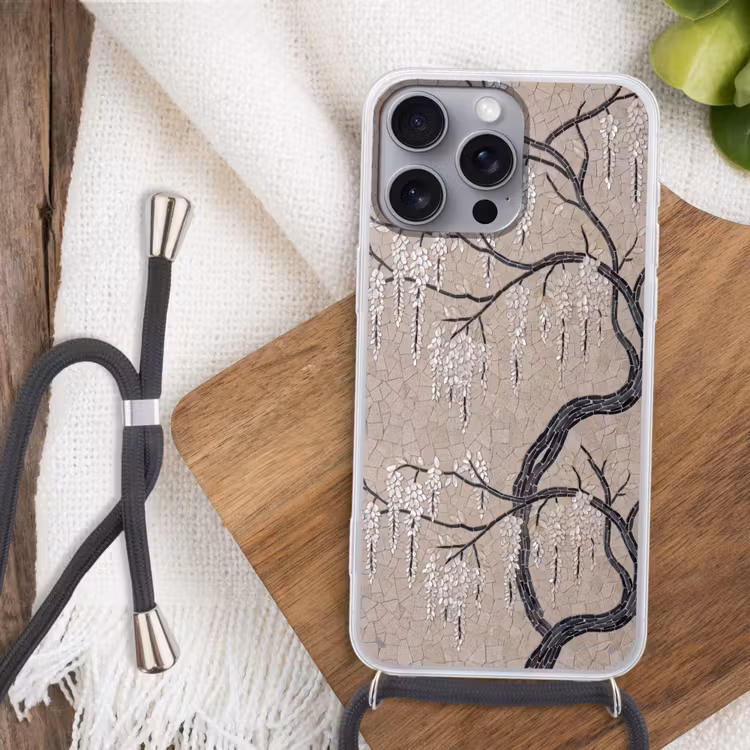Boom - Bloemen - Mozaïek - Kunst - Wit Hoesje iPhone 16 Pro Max met koord klein -sfeer4