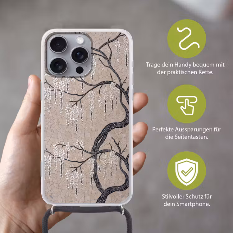 Boom - Bloemen - Mozaïek - Kunst - Wit Hoesje iPhone 16 Pro Max met koord klein -sfeer2_DE