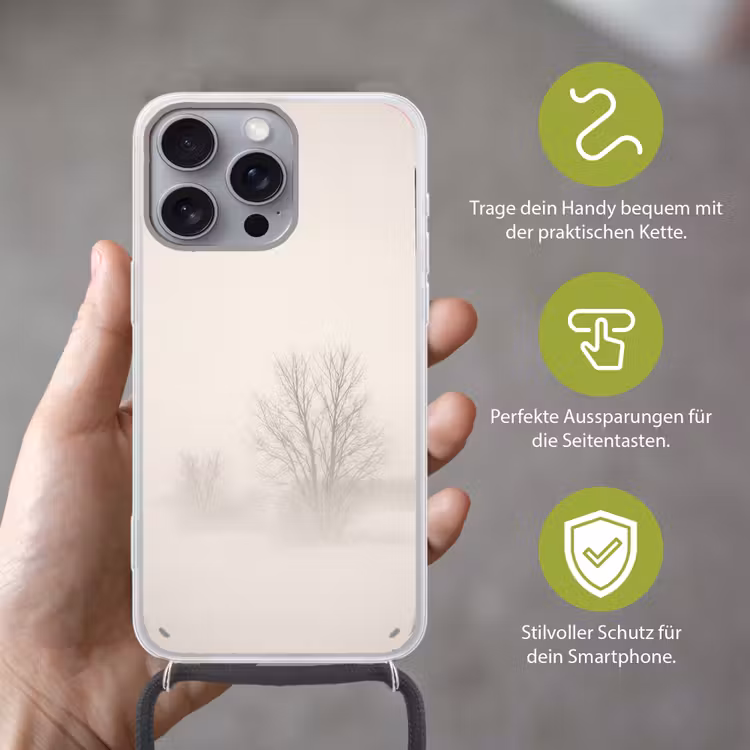 Boom - Mist - Sneeuw - Winter - Minimalistisch Hoesje iPhone 16 Pro Max met koord klein -sfeer2_DE