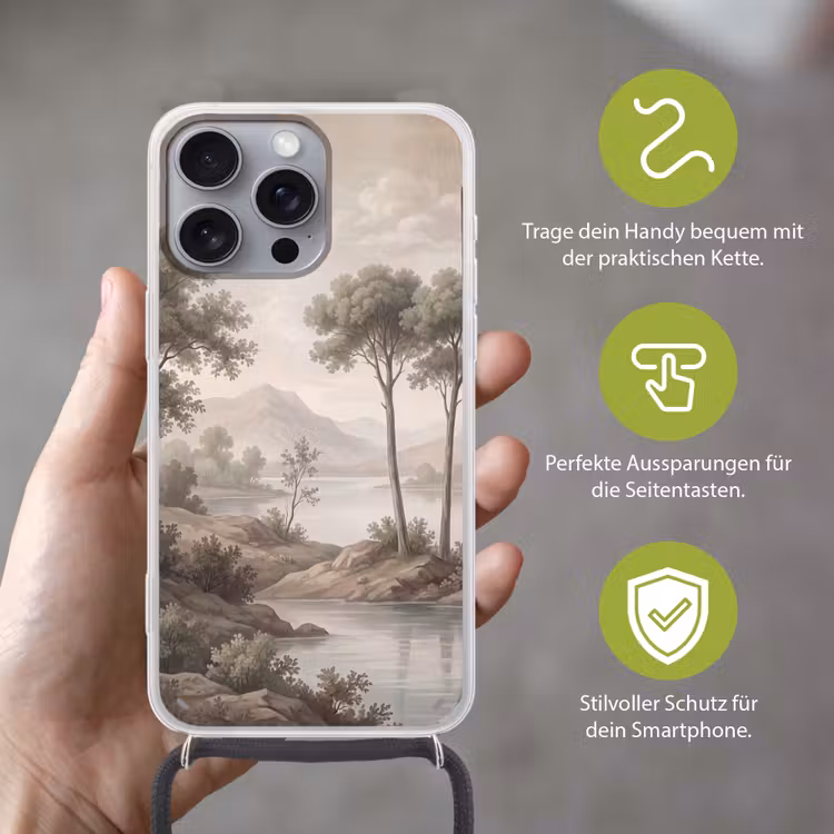 Bomen - Meer - Bergen - Illustratie Hoesje iPhone 16 Pro Max met koord klein -sfeer2_DE