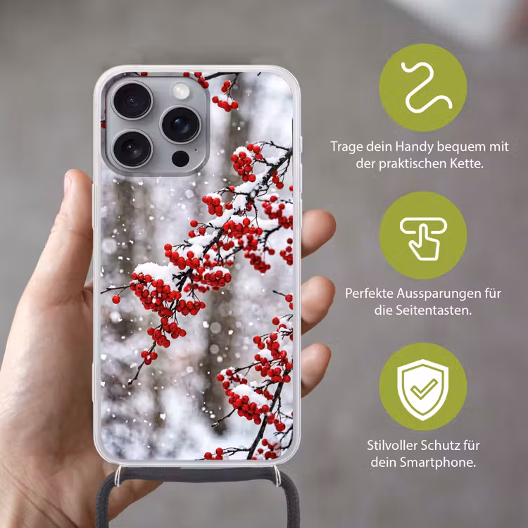 Bessen - Takken - Sneeuw - Winter - Kleurrijk Hoesje iPhone 16 Pro Max met koord klein -sfeer2_DE
