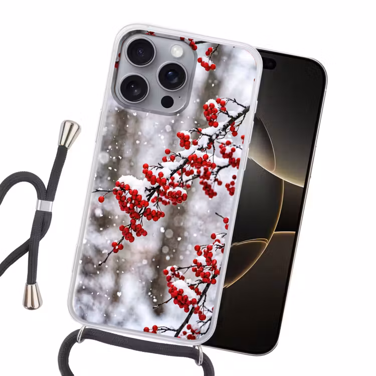 Bessen - Takken - Sneeuw - Winter - Kleurrijk Hoesje iPhone 16 Pro Max met koord klein -sfeer1