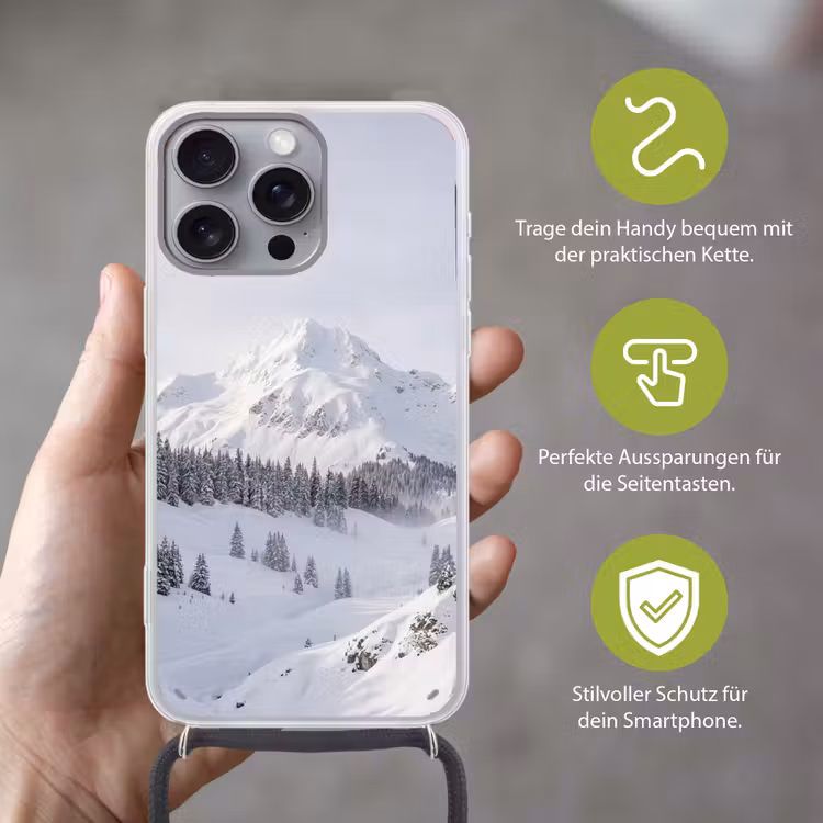 Berg - Sneeuw - Winter - Natuur - Wit Hoesje iPhone 16 Pro Max met koord klein -sfeer2_DE