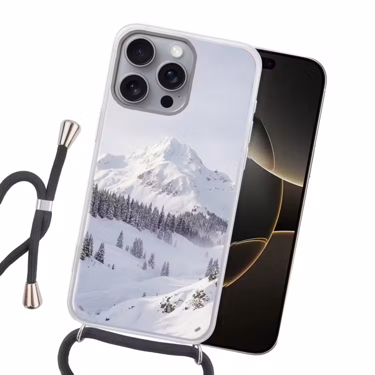 Berg - Sneeuw - Winter - Natuur - Wit Hoesje iPhone 16 Pro Max met koord klein -sfeer1