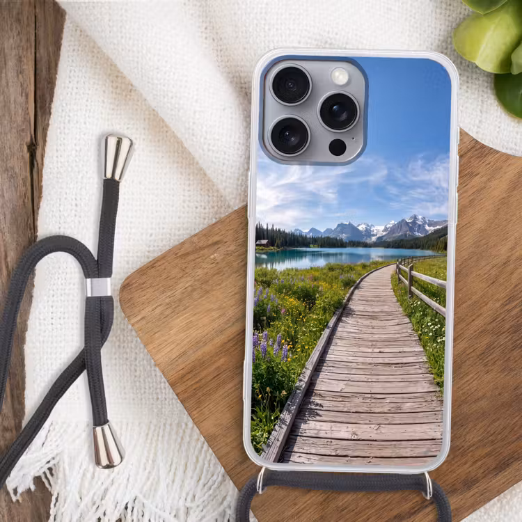 Bergen - Meer - Landschap - Blauw Hoesje iPhone 16 Pro Max met koord klein -sfeer4