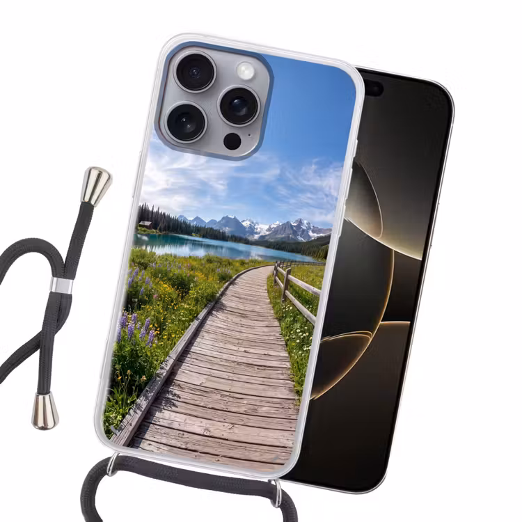 Bergen - Meer - Landschap - Blauw Hoesje iPhone 16 Pro Max met koord klein -sfeer1