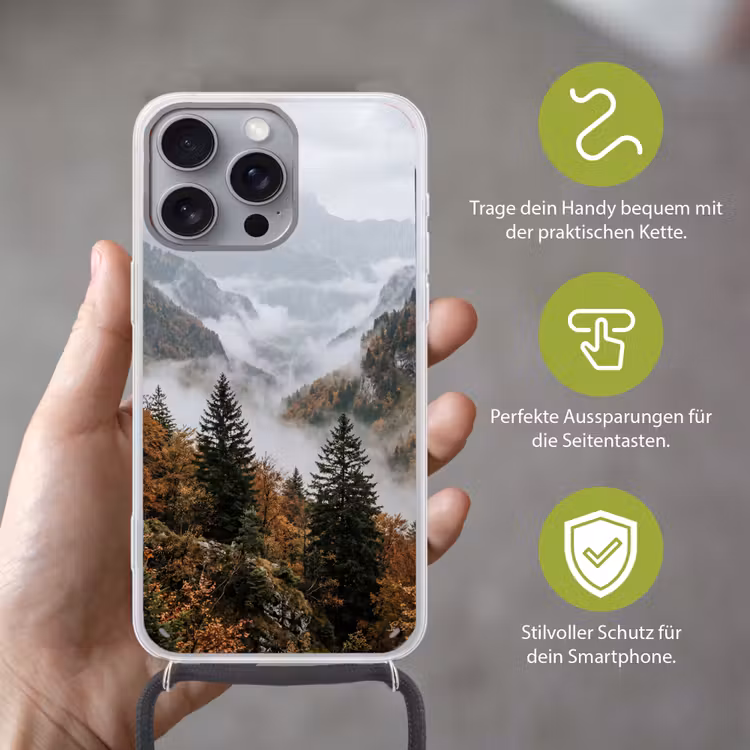 Bergen - Vallei - Mist - Herfst - Natuur Hoesje iPhone 16 Pro Max met koord klein -sfeer2_DE