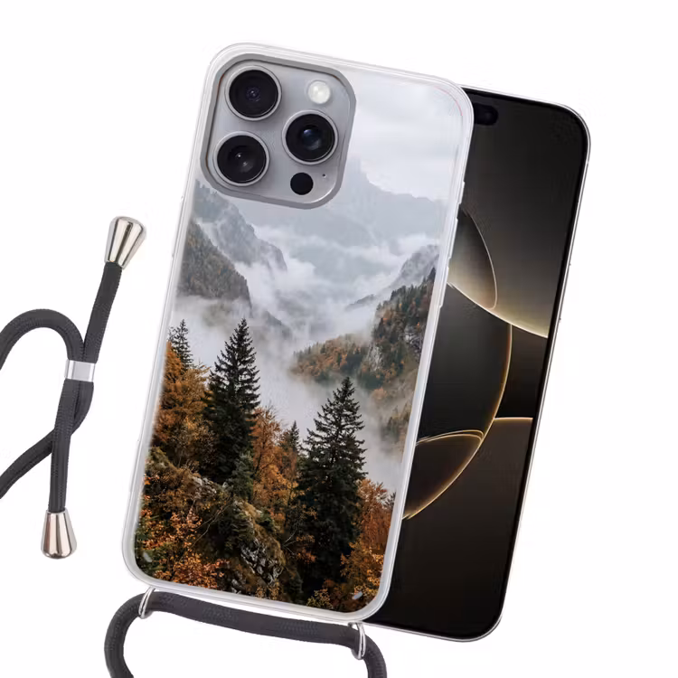 Bergen - Vallei - Mist - Herfst - Natuur Hoesje iPhone 16 Pro Max met koord klein -sfeer1