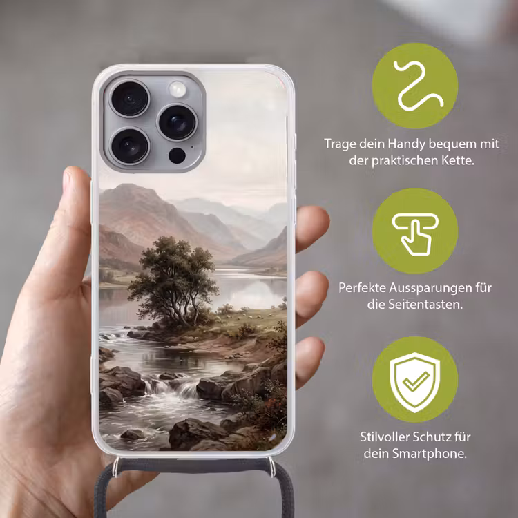 Berglandschap - Meer - Bergen - Vallei - Klassiek Hoesje iPhone 16 Pro Max met koord klein -sfeer2_DE