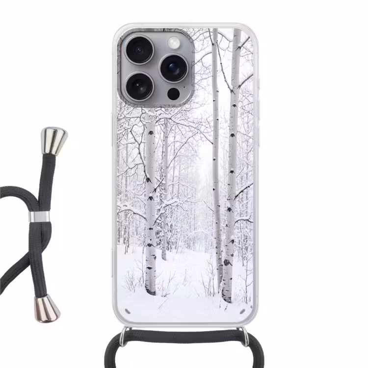 Berkenbomen - Sneeuw - Winter - Bos - Wit Hoesje iPhone 16 Pro Max met koord klein -3d