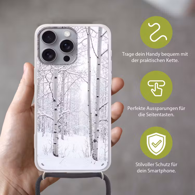 Berkenbomen - Sneeuw - Winter - Bos - Wit Hoesje iPhone 16 Pro Max met koord klein -sfeer2_DE