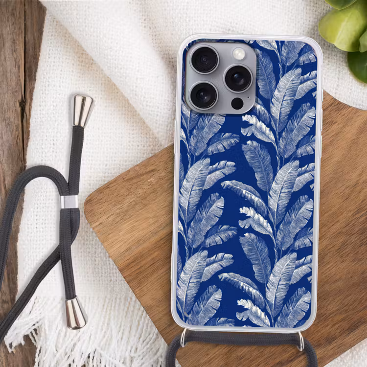 Blad - Palm - Blauw Hoesje iPhone 16 Pro Max met koord klein 804 -sfeer4