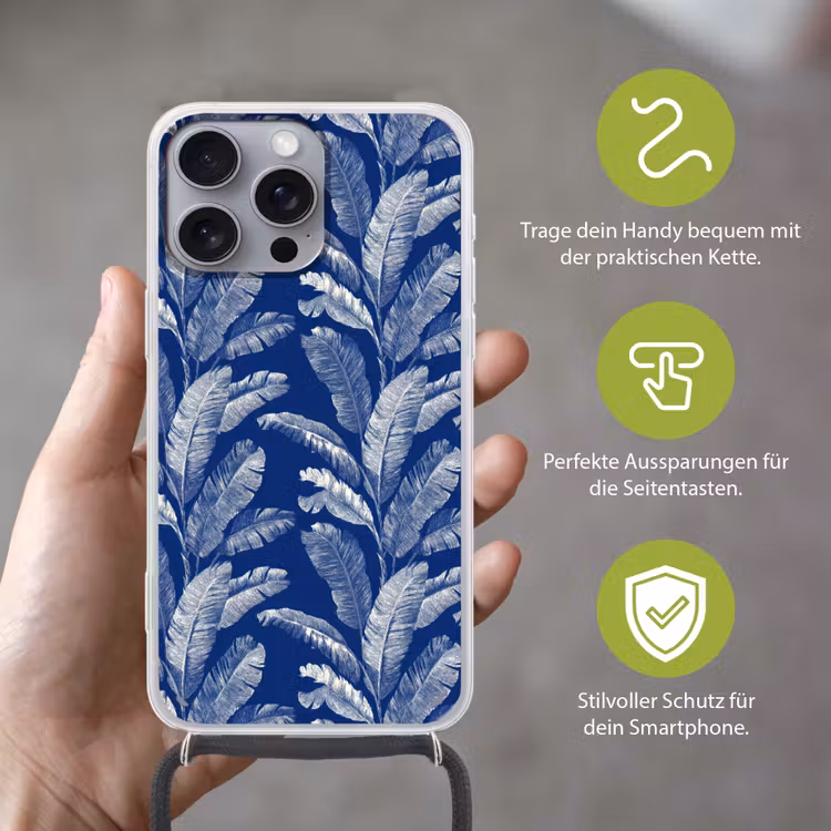 Blad - Palm - Blauw Hoesje iPhone 16 Pro Max met koord klein 804 -sfeer2_DE