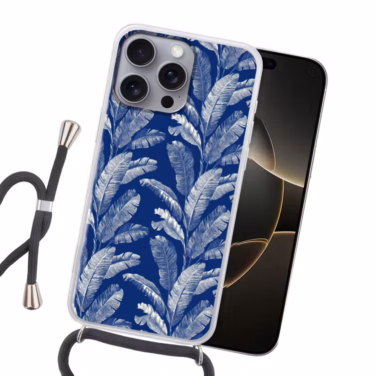 Blad - Palm - Blauw Hoesje iPhone 16 Pro Max met koord klein 804 -sfeer1