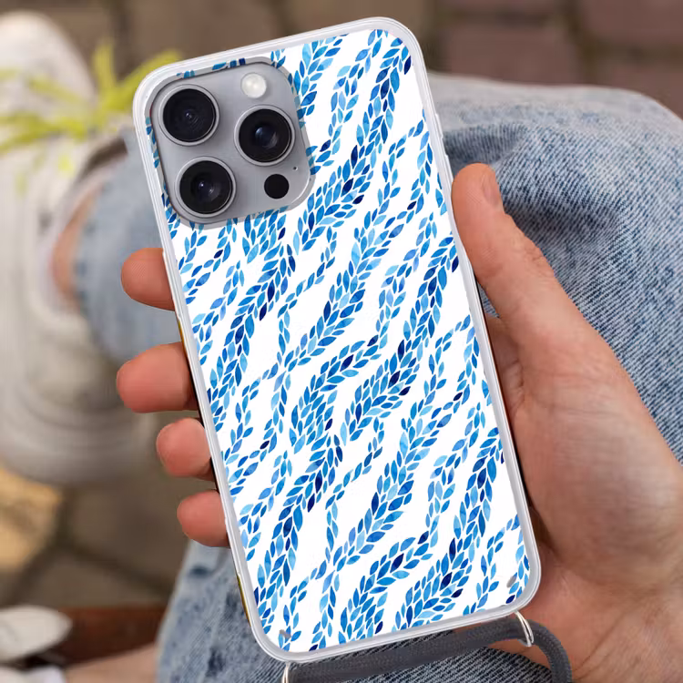 Bladeren - Aquarel - Patroon - Modern - Blauw Hoesje iPhone 16 Pro Max met koord klein -sfeer3