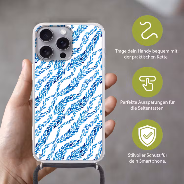 Bladeren - Aquarel - Patroon - Modern - Blauw Hoesje iPhone 16 Pro Max met koord klein -sfeer2_DE