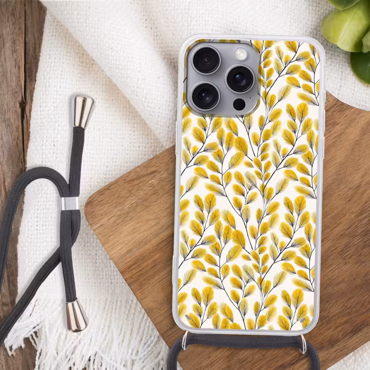 Bladeren - Botanisch - Elegant - Geel - Zwart Hoesje iPhone 16 Pro Max met koord klein 804 -sfeer4