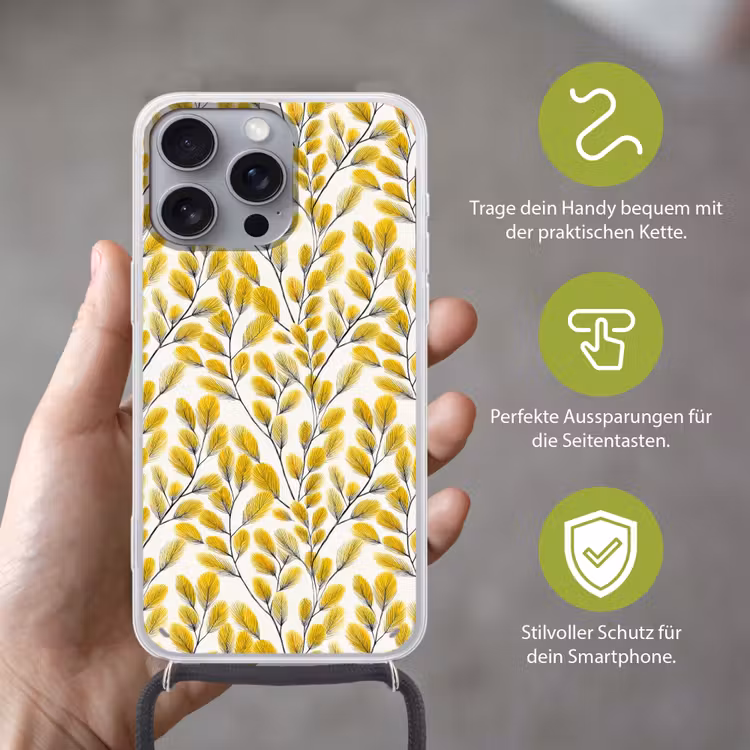 Bladeren - Botanisch - Elegant - Geel - Zwart Hoesje iPhone 16 Pro Max met koord klein 804 -sfeer2_DE