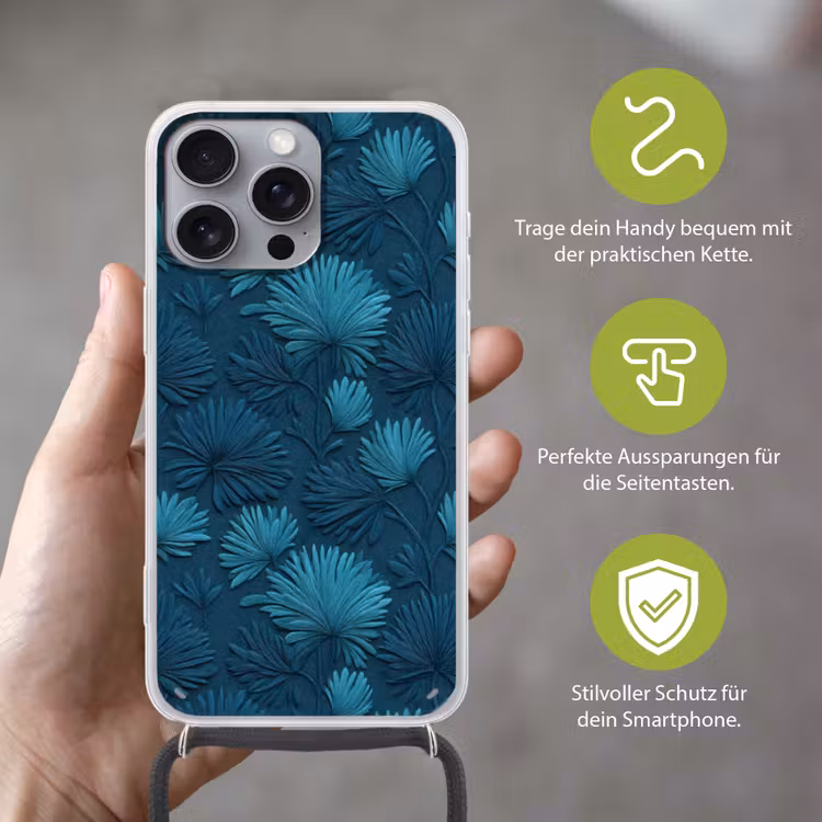 Bladeren - Reliëf - Patroon - Oceaanblauw - Modern Hoesje iPhone 16 Pro Max met koord klein 804 -sfeer2_DE