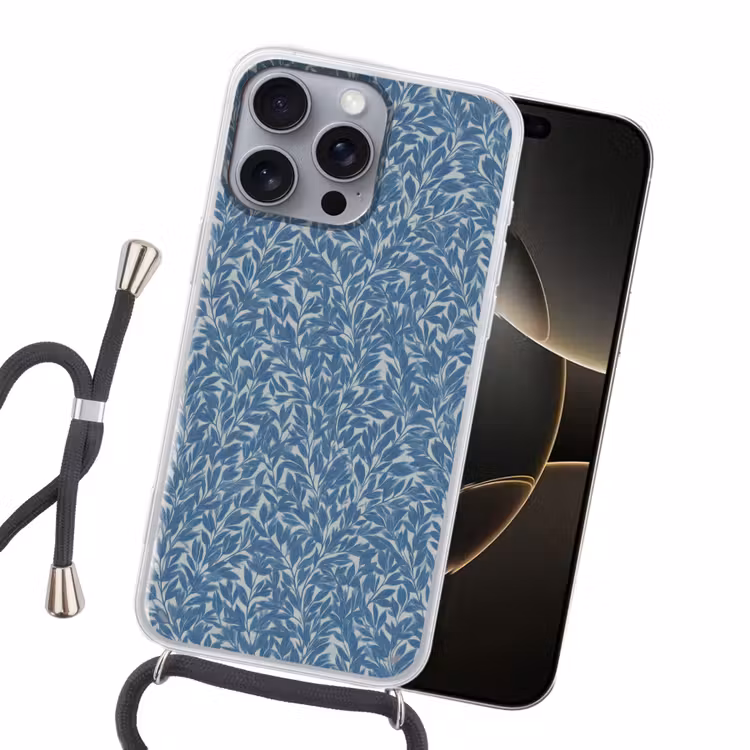 Bladeren - Klassiek - Patroon - Donkerblauw - Vintage Hoesje iPhone 16 Pro Max met koord klein 804 -sfeer1
