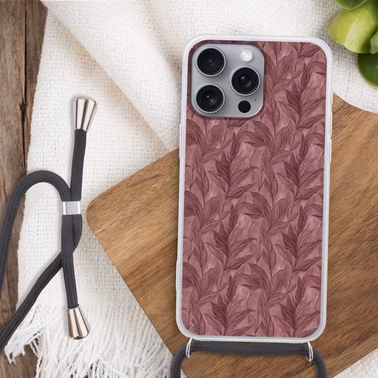 Bladeren - Patroon - Paars Hoesje iPhone 16 Pro Max met koord klein 804 -sfeer4