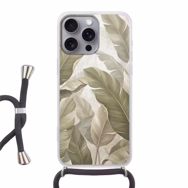 Bladeren - Tropisch - Natuur - Abstract - Beige Hoesje iPhone 16 Pro Max met koord klein -3d