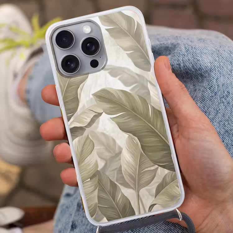 Bladeren - Tropisch - Natuur - Abstract - Beige Hoesje iPhone 16 Pro Max met koord klein -sfeer3