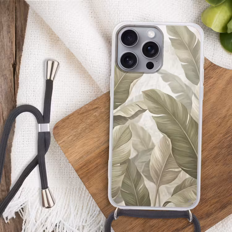 Bladeren - Tropisch - Natuur - Abstract - Beige Hoesje iPhone 16 Pro Max met koord klein -sfeer4