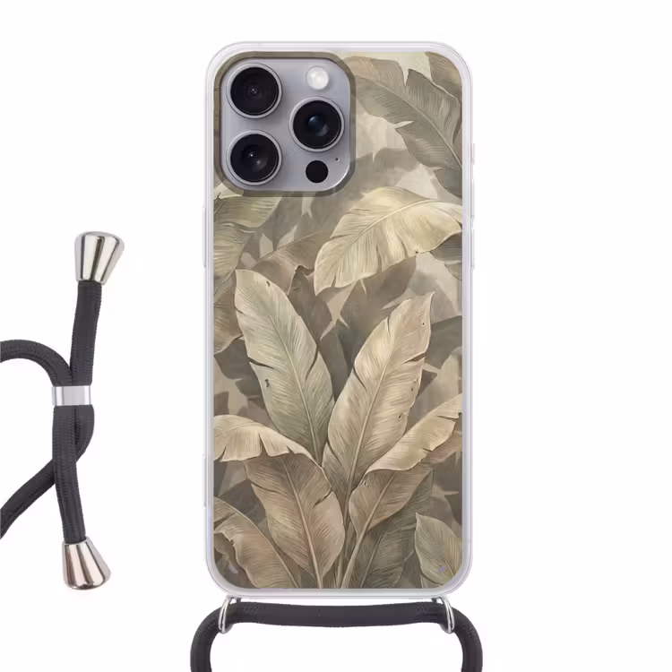 Bladeren - Tropisch - Natuur - Modern - Beige Hoesje iPhone 16 Pro Max met koord klein -3d