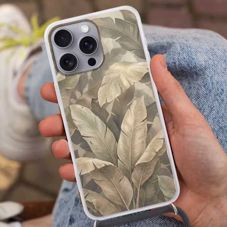 Bladeren - Tropisch - Natuur - Modern - Beige Hoesje iPhone 16 Pro Max met koord klein -sfeer3