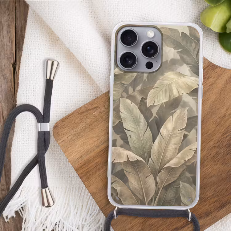Bladeren - Tropisch - Natuur - Modern - Beige Hoesje iPhone 16 Pro Max met koord klein -sfeer4