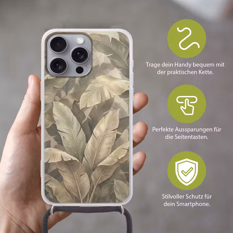Bladeren - Tropisch - Natuur - Modern - Beige Hoesje iPhone 16 Pro Max met koord klein -sfeer2_DE