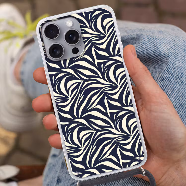 Bladvormen - Blauw - Patroon - Wit Hoesje iPhone 16 Pro Max met koord klein 804 -sfeer3