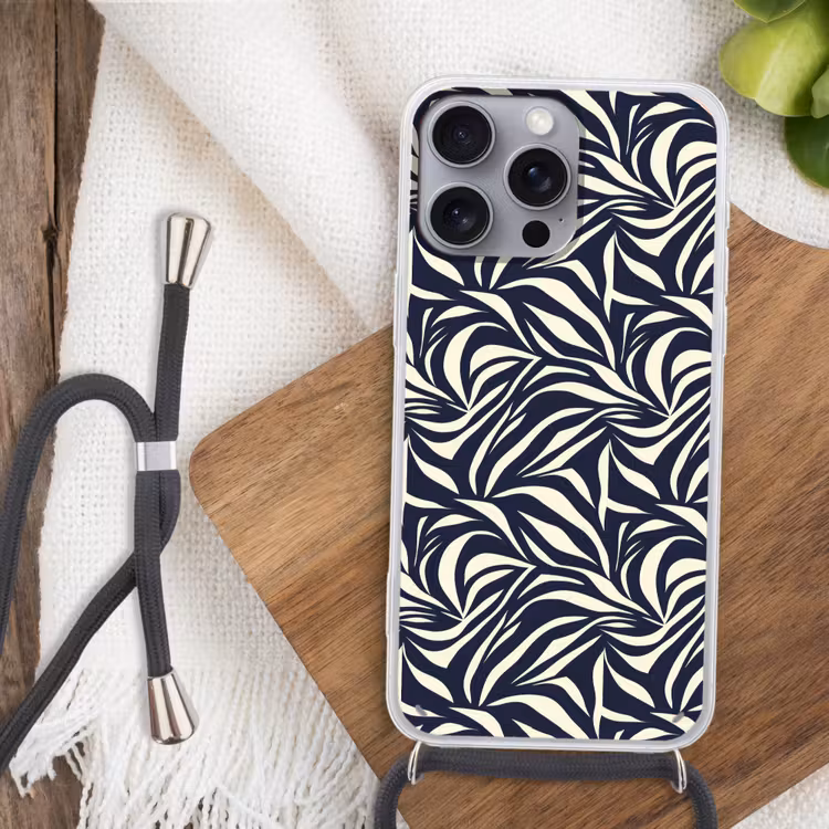 Bladvormen - Blauw - Patroon - Wit Hoesje iPhone 16 Pro Max met koord klein 804 -sfeer4