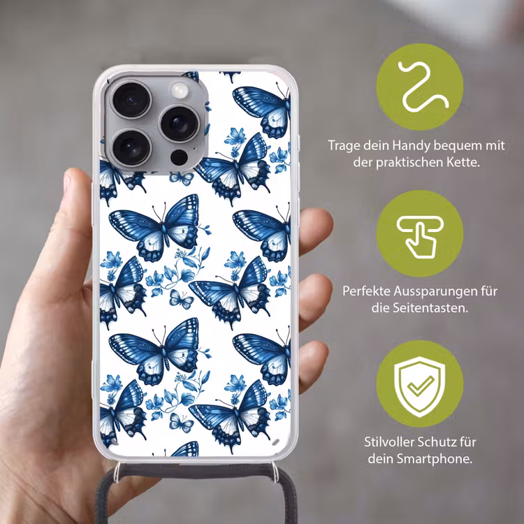 Blauw - Vlinders - Bloemen - Wit Hoesje iPhone 16 Pro Max met koord klein 804 -sfeer2_DE