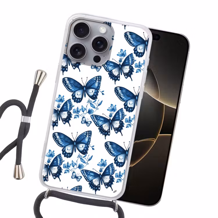 Blauw - Vlinders - Bloemen - Wit Hoesje iPhone 16 Pro Max met koord klein 804 -sfeer1