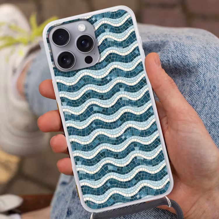 Blauw - Wit - Mozaïek - Golvend Hoesje iPhone 16 Pro Max met koord klein 804 -sfeer3