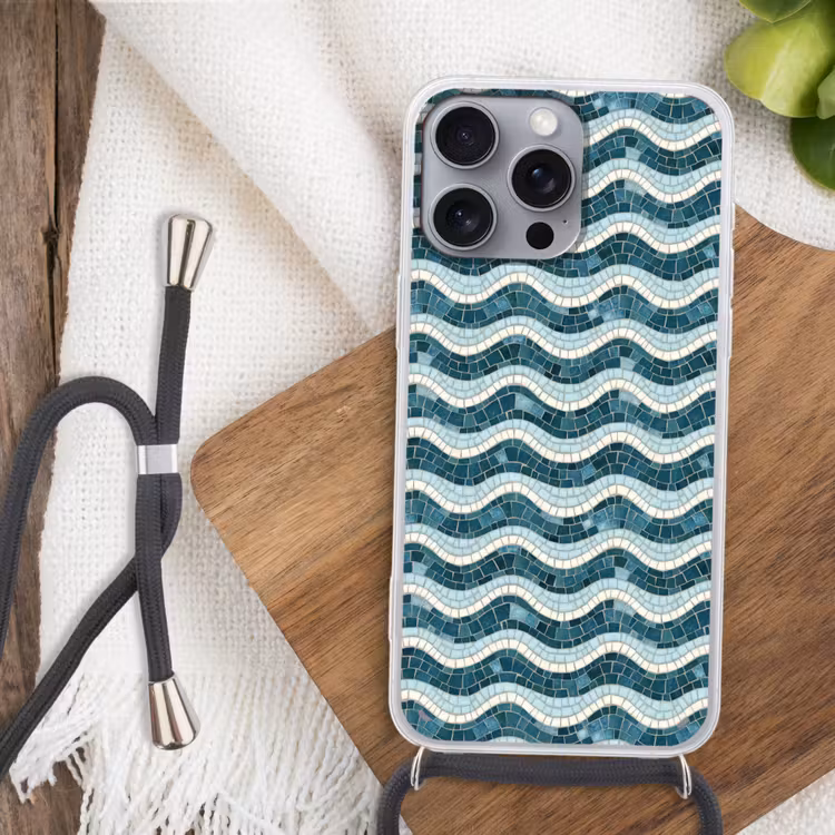 Blauw - Wit - Mozaïek - Golvend Hoesje iPhone 16 Pro Max met koord klein 804 -sfeer4