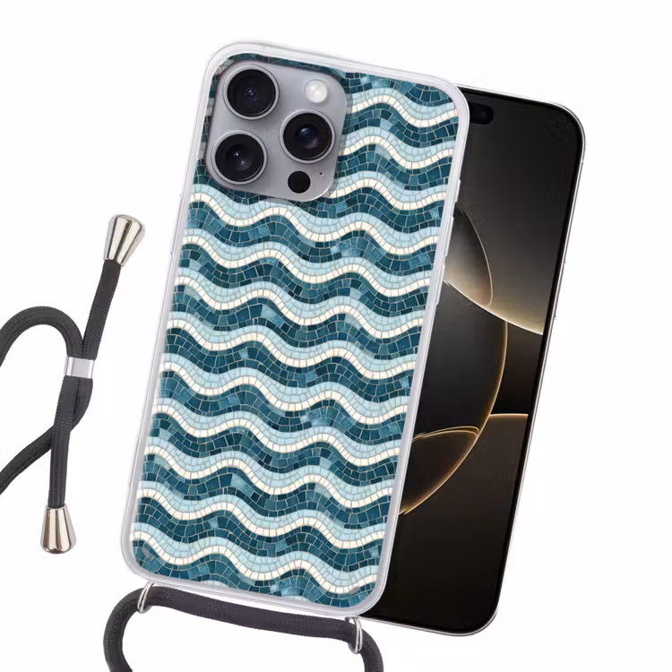 Blauw - Wit - Mozaïek - Golvend Hoesje iPhone 16 Pro Max met koord klein 804 -sfeer1
