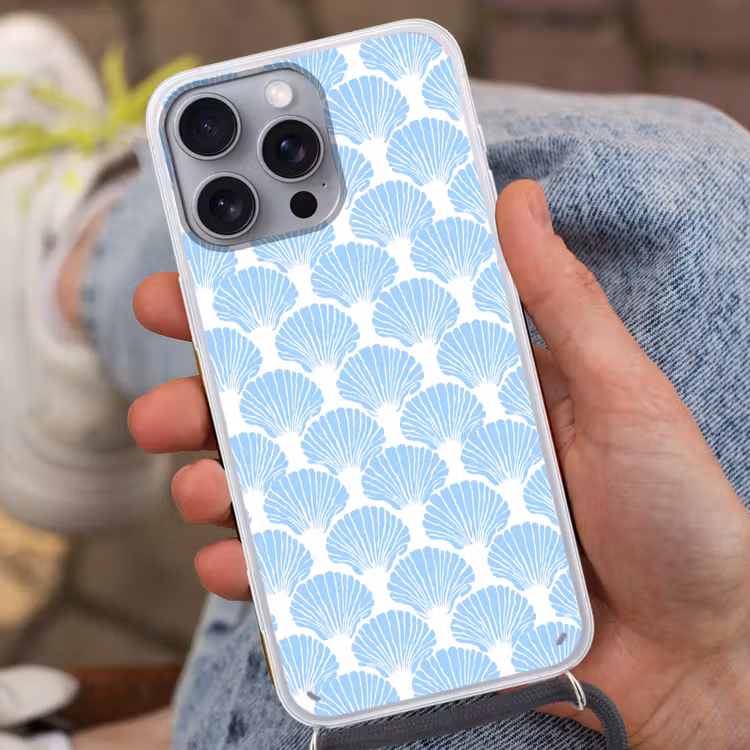 Blauw - Wit - Schelpen - Grafisch - Structuur Hoesje iPhone 16 Pro Max met koord klein 804 -sfeer3