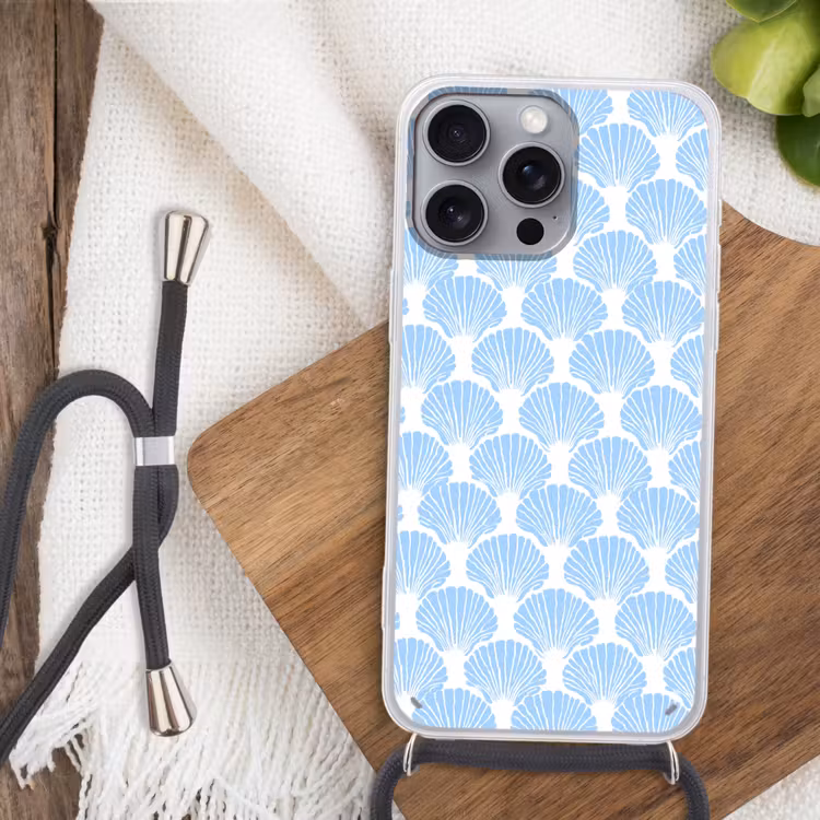 Blauw - Wit - Schelpen - Grafisch - Structuur Hoesje iPhone 16 Pro Max met koord klein 804 -sfeer4