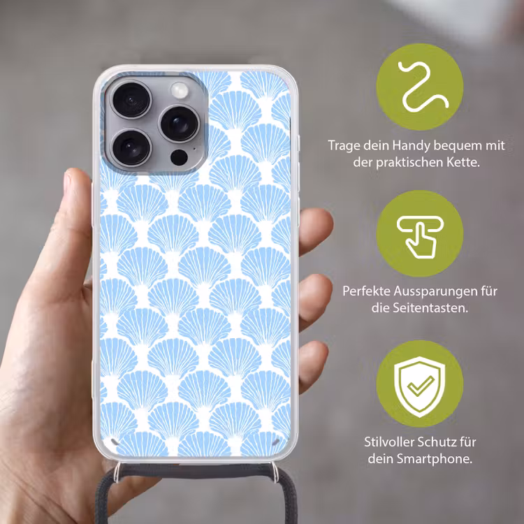 Blauw - Wit - Schelpen - Grafisch - Structuur Hoesje iPhone 16 Pro Max met koord klein 804 -sfeer2_DE
