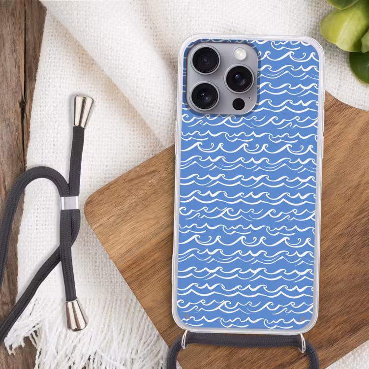 Blauw - Wit - Simpel - Getekend - Golven Hoesje iPhone 16 Pro Max met koord klein 804 -sfeer4