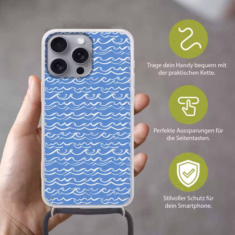 Blauw - Wit - Simpel - Getekend - Golven Hoesje iPhone 16 Pro Max met koord klein 804 -sfeer2_DE